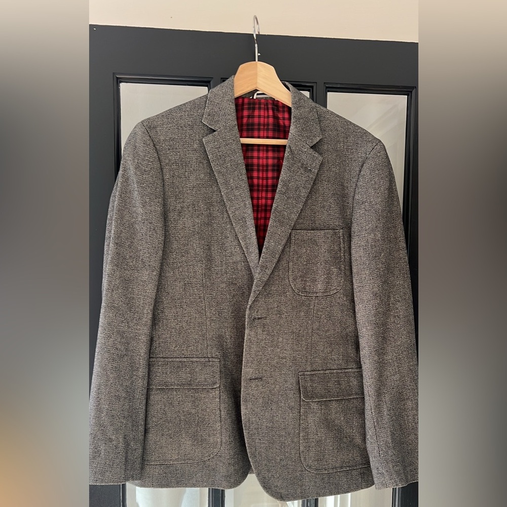 Frank & Oak Gray Herringbone Blazer with Red Plaid Lining